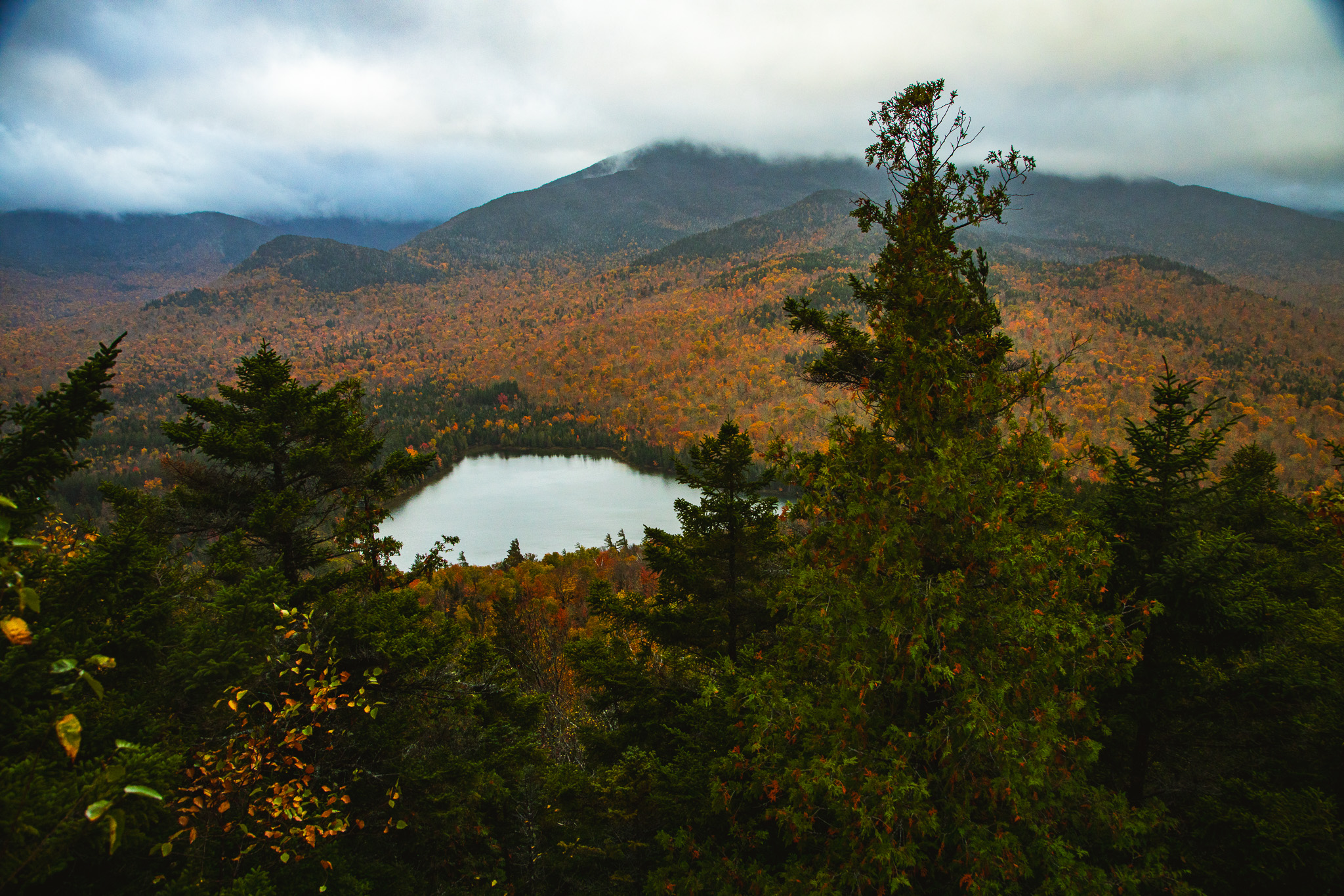 Heart Lake with fall foliage from the summit of Mount Jo