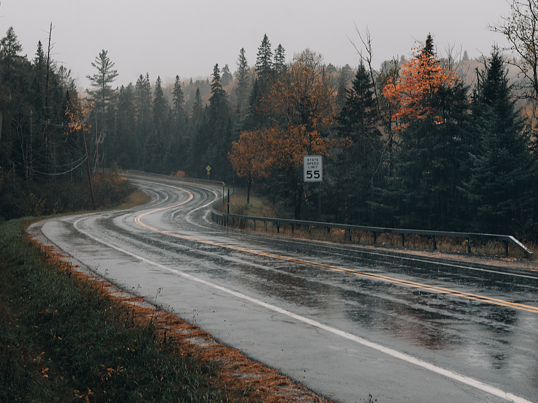 A windy wet road among fall foliage