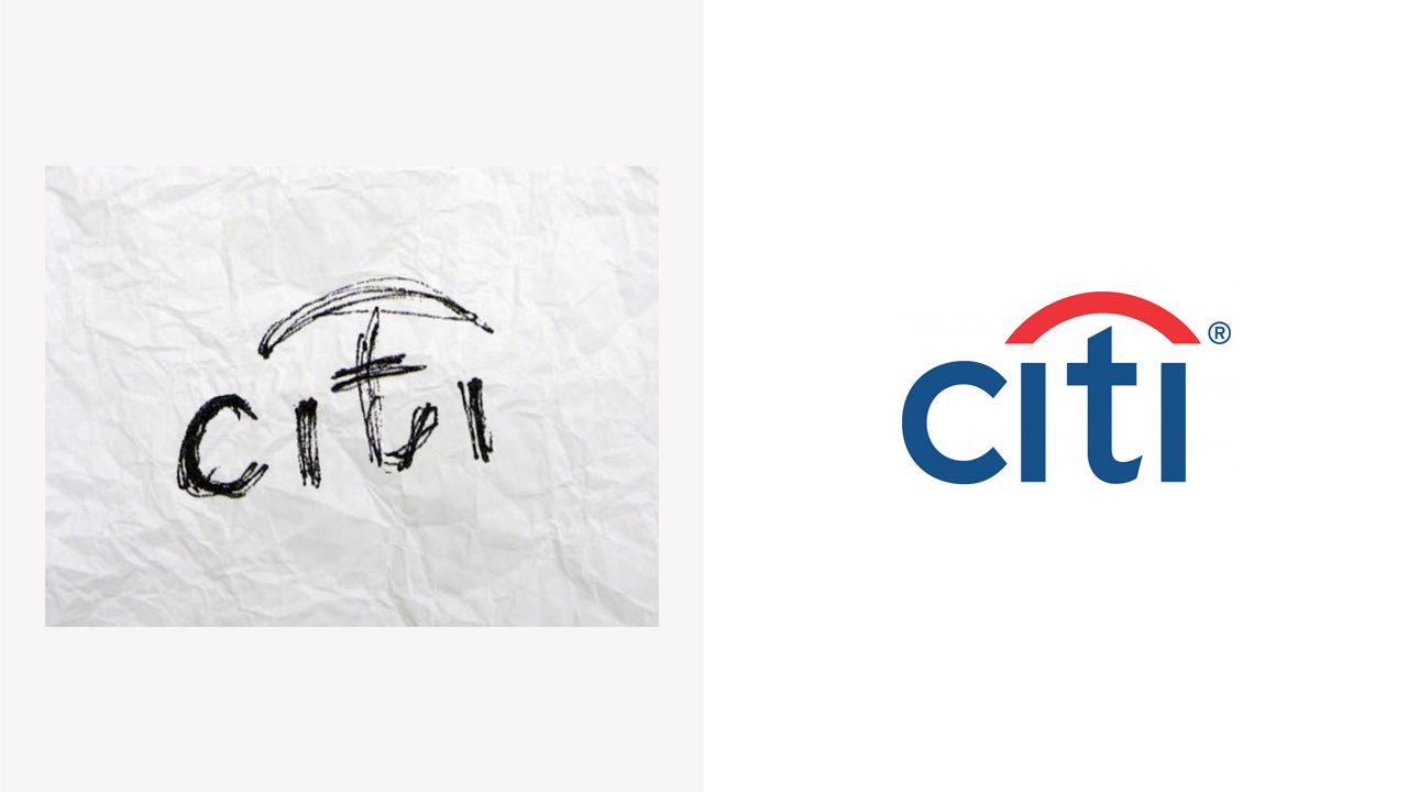 Original sketch of the Citi logo by Paula Scher, and the final rendering