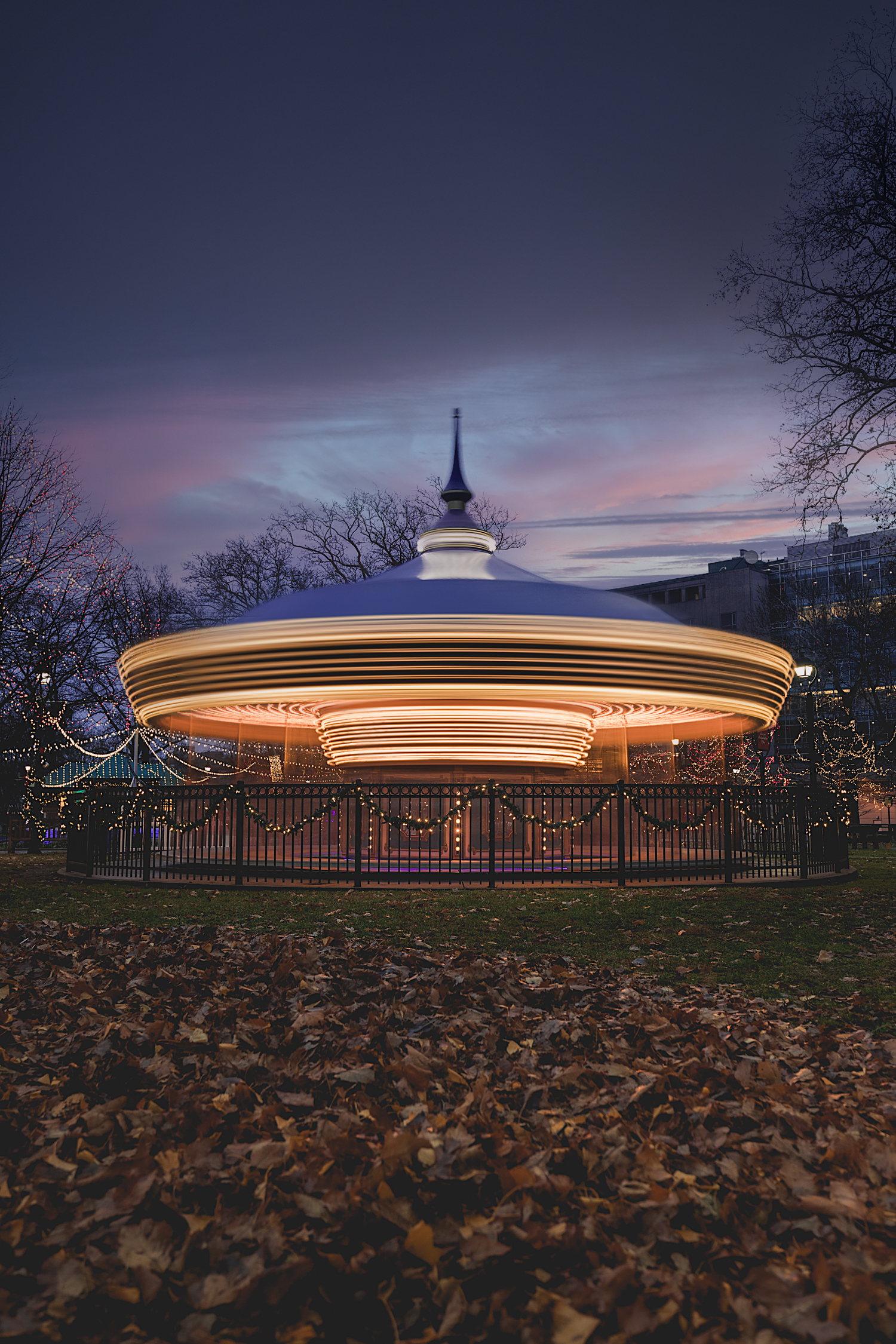 Long exposure of Parx Liberty Carousel in motion so that it looks like a spaceship