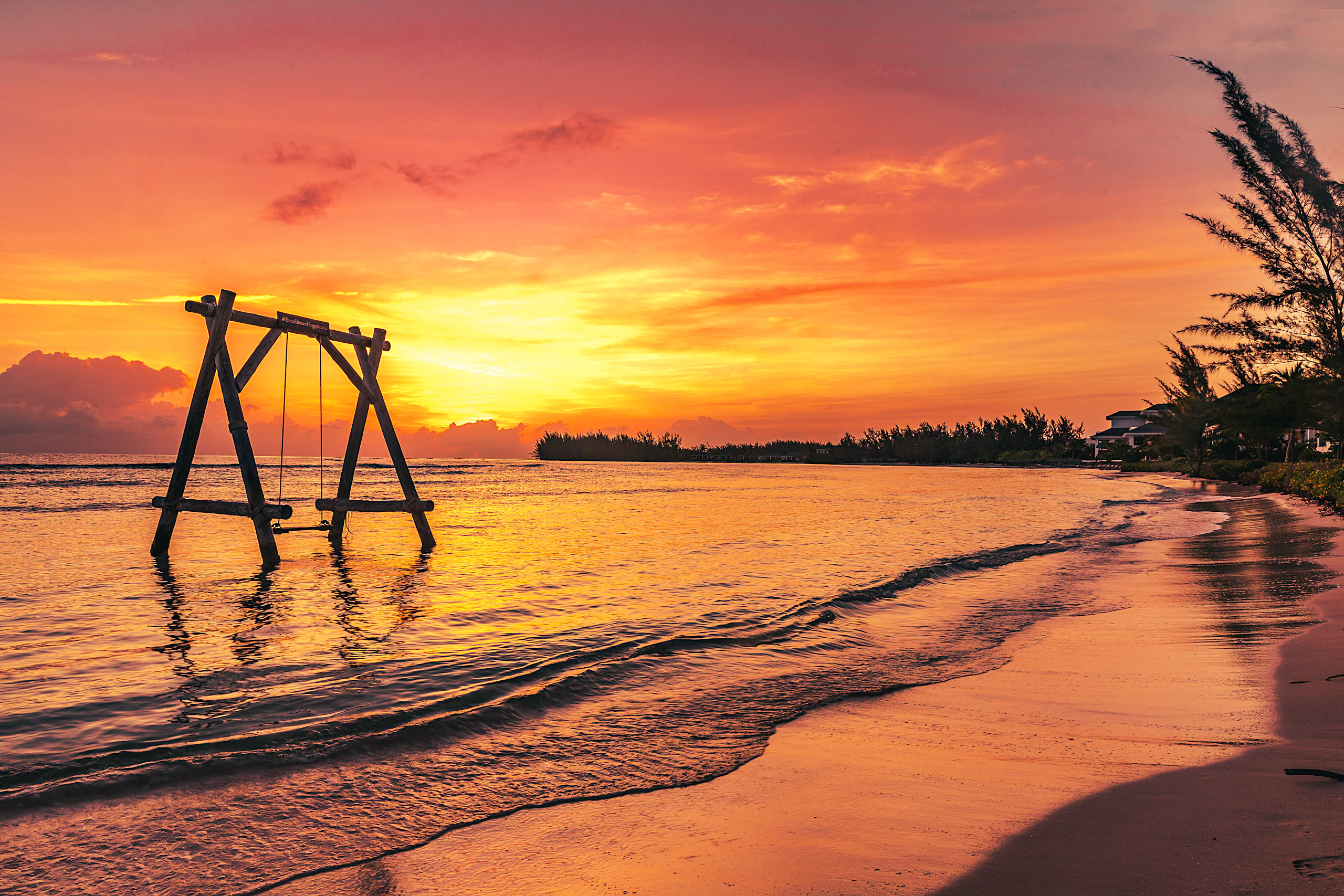 Jamaican beach at sunrise with a swing in the water