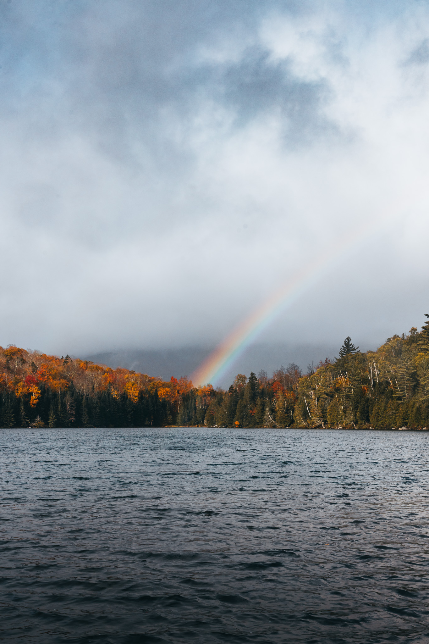 Heart Lake rainbow among fall foliage