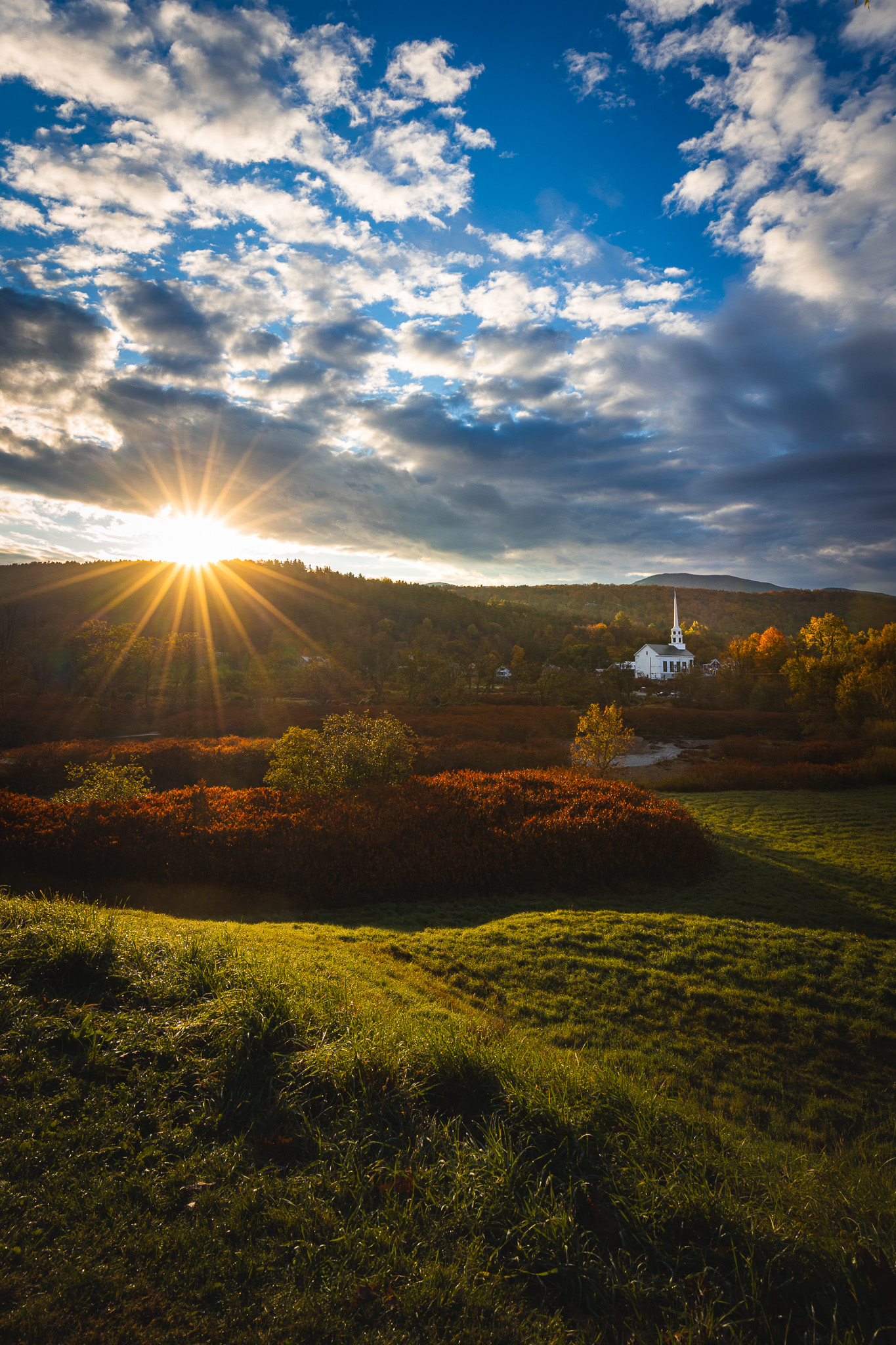 The Stowe Community Church at sunrise