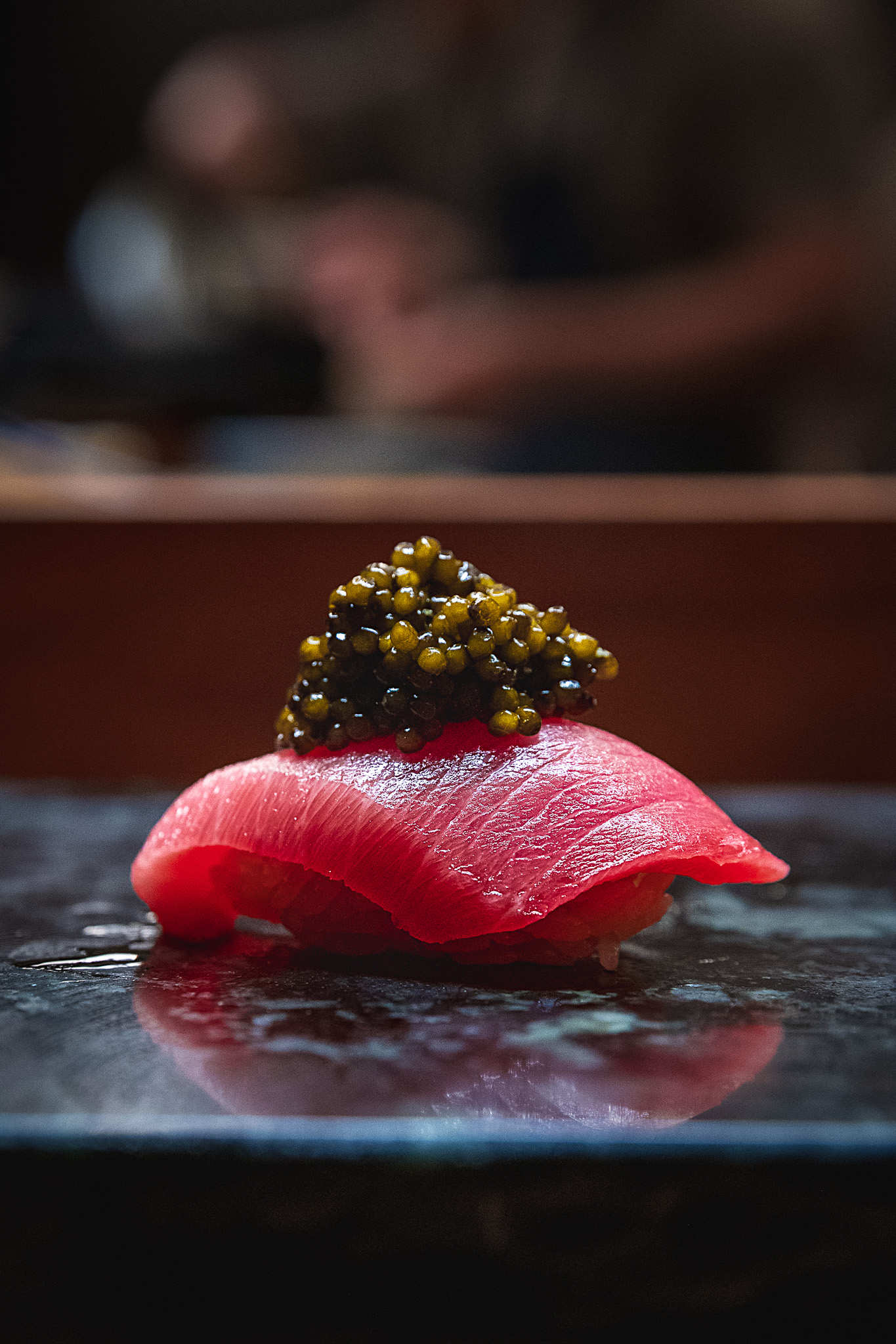 Fatty tuna belly nigiri with caviar