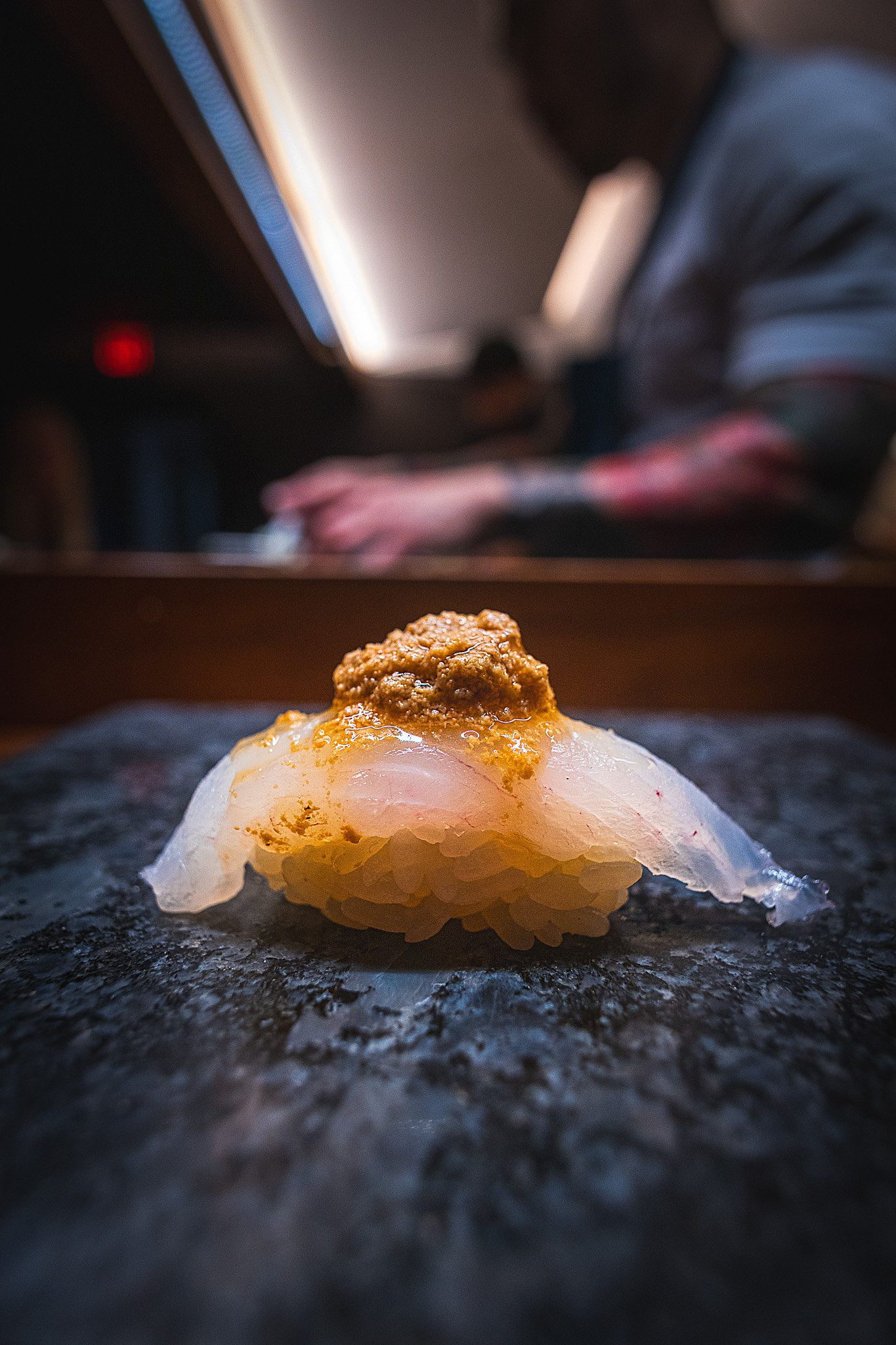 Filefish nigiri with liver sauce