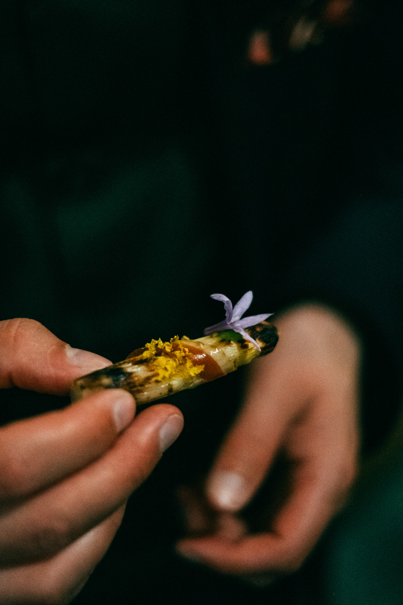 Holding an asparagus with an edible flower