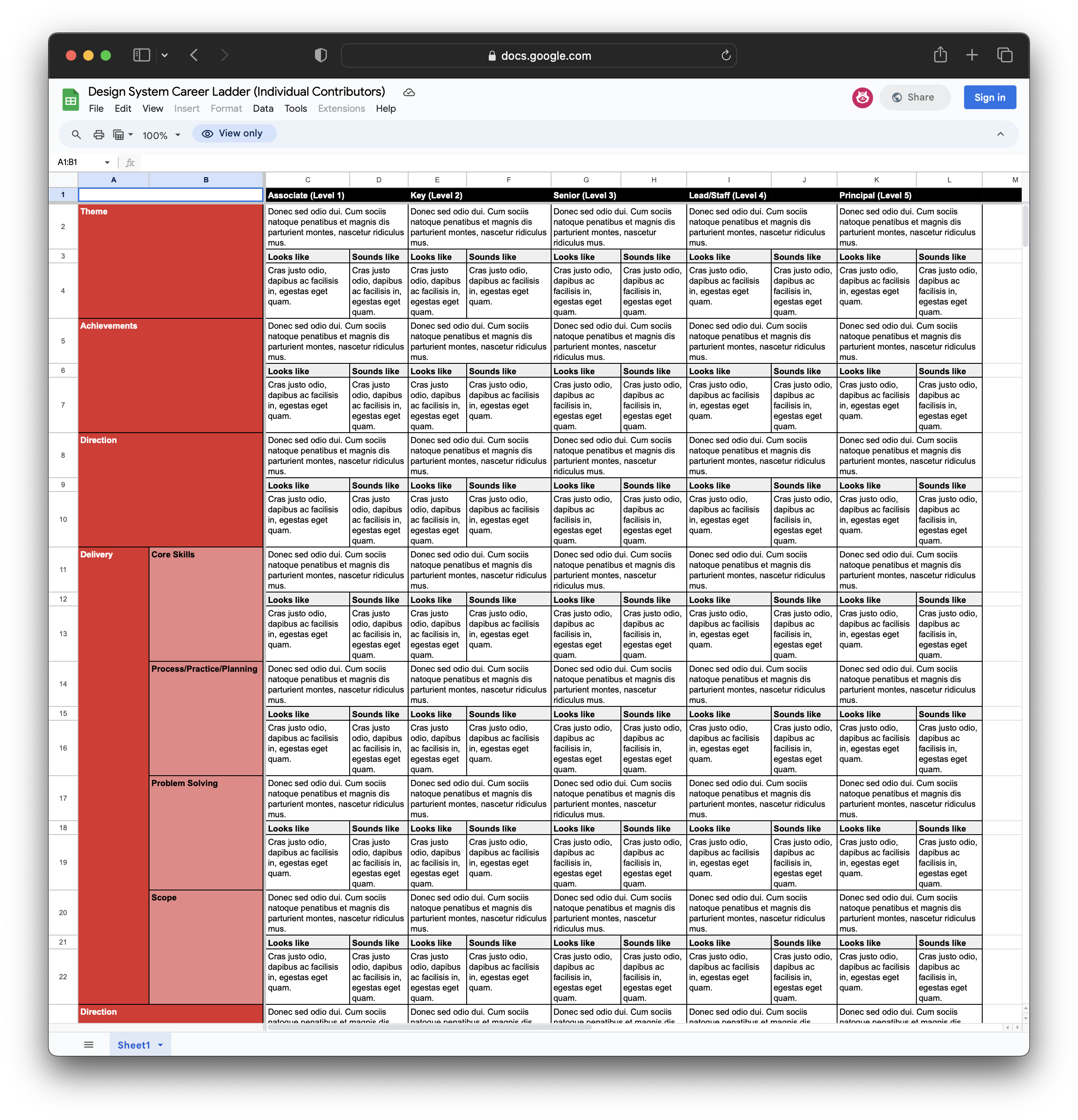 A Google Sheet that collects all the criteria for a design system leveling framework