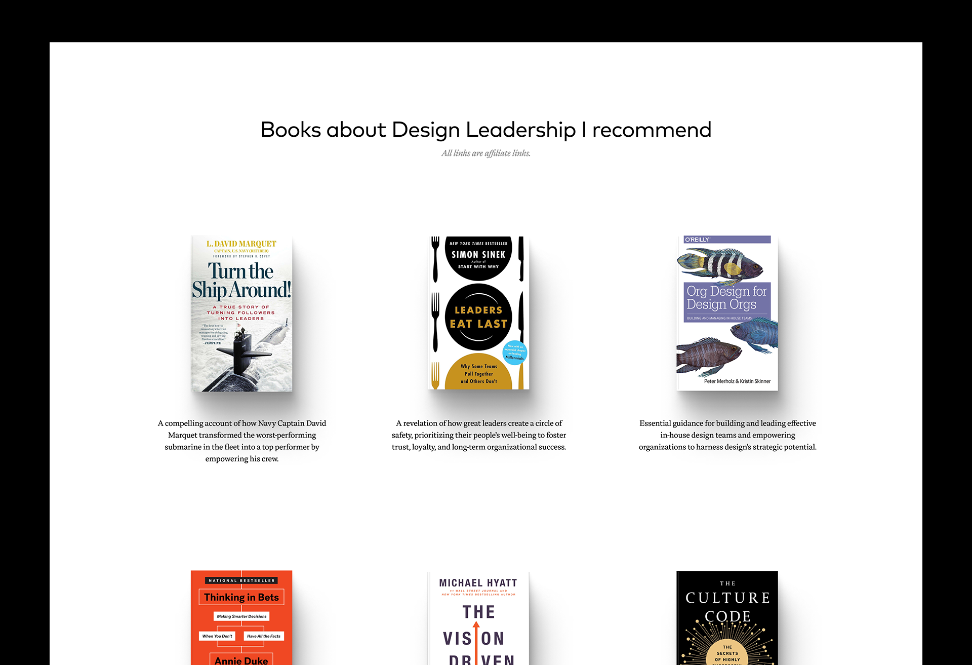 A screenshot of the “Books about Design Leadership I recommend” section on DanMall.com