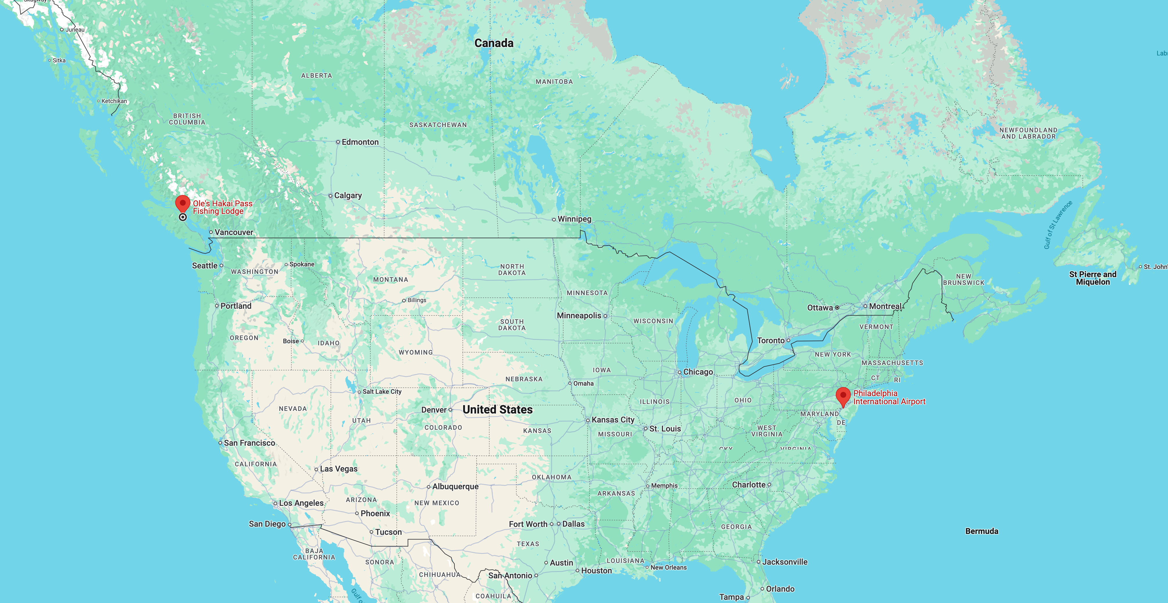 A map showing the distance between Philadelphia and Ole’s Hakai Pass Fishing Lodge. It’s a long way.