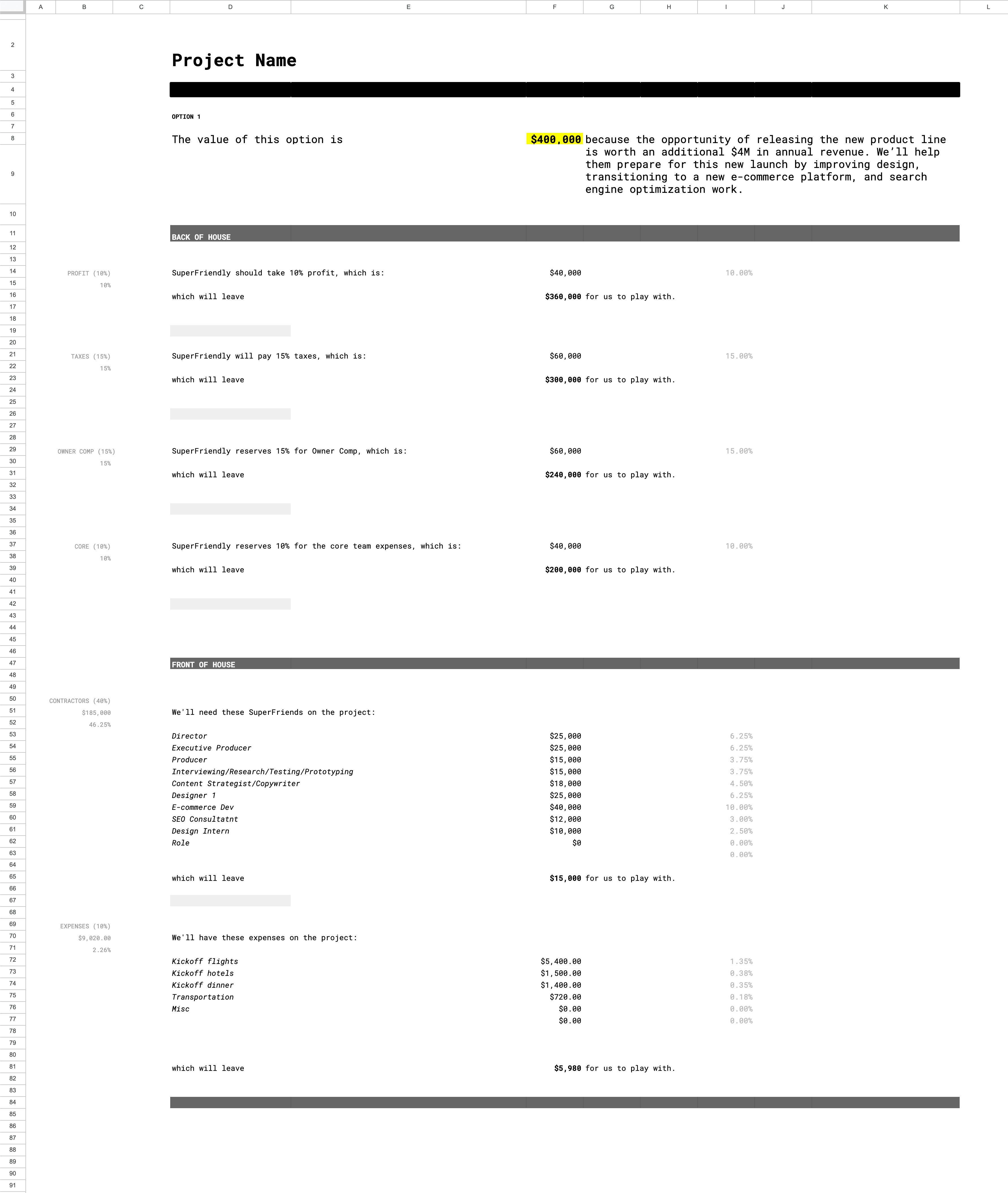 Project Value Sheet