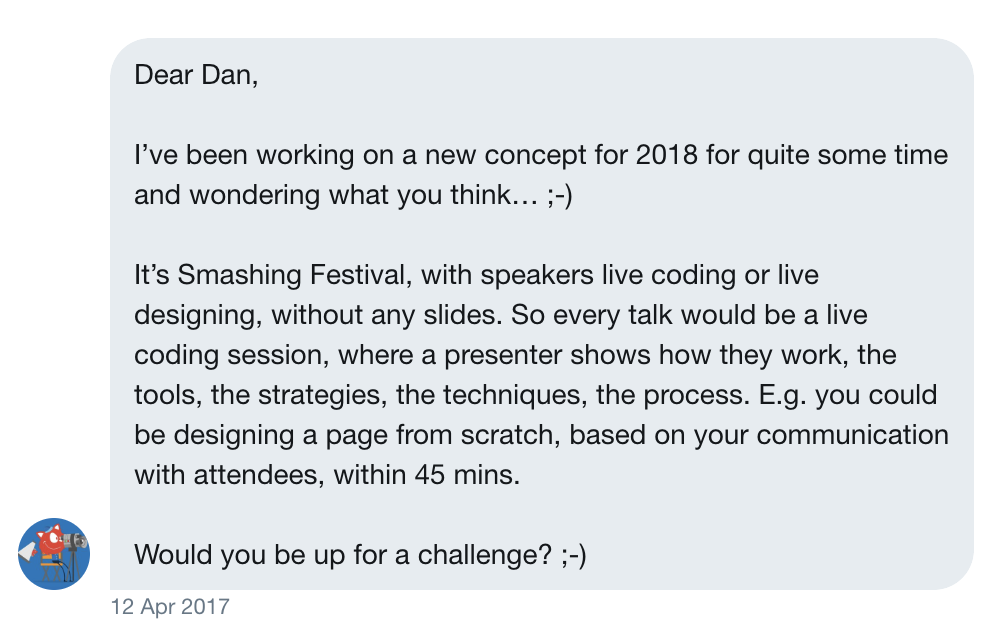 The initial message from Vitaly Friedman about a “no slides” conference